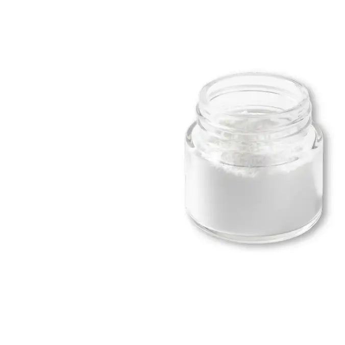 Clear glass jar with L-Theanine white powder on a white background